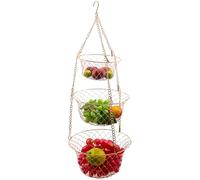 Hotainoys Hanging Fruit Basket, 3-Tier Metal Hanging Baskets for Kitchen with Foldable Design, Sturdy Iron Storage Organizer for Fruits and Vegetables Rose Gold Fruit Basket