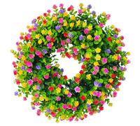 Hotainoys Spring Wreaths for Front Door, 15in Artificial Eucalyptus Wreath with Various Small Flowers Vivid Door Decor for All Year Round, Colorful Spring Wreath