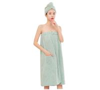Hotainoys Toweling Bath Robes with Hair Towel for Women Soft Absorbent Towel Robe Quick Drying Adjustable with Pocket Anti-Exposure Coral Fleece Wrap for Shower, Spa, Pool (Green) Wrap For Women