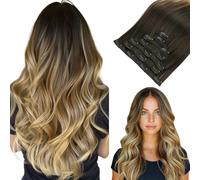 Hotbanana Clip in Hair Extensions - Balayage Ombre Brown to Dirty Blonde, Real Human Remy Hair, Straight, 20 Inch, 120g, 7pcs