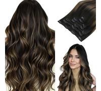 hotbanana Clip in Hair Extensions, Ombre Natural Black Mixed Chestnut Brow Clips in Hair Extension Real Human Hair Double Weft Clip In human Hair Remy Hair Extensions 22 inch 120g 7pcs