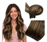 hotbanana weft hair extensions real human hair 20 Inch 100g | Full Head, Chocolate Brown Mixed Caramel Blonde Balayage Sew in Hair Extensions Remy Hair Extensions Double Weft Weave