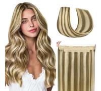 hotbanana Wire Hair Extensions, Golden Blonde Highlights Fish Line Hair Extensions Real Human Hair Straight Invisible Remy Hair Human Extension 18 inch 110g