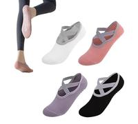 Hotcho Pilates Socks Non-Slip 4 Pairs - Women's Yoga Socks with Grips & Straps for Pilates Equipment, Barre Workout & Ballet - Breathable Cotton Crew Socks (Black/White/Purple/Pink)