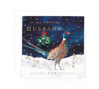 Hotchpotch Luxury Christmas Card To An Amazing Husband, Festive Pheasant And Mistletoe In Snow, Modern Contemporary Greeting Card From Hotchpotch, 15.4 x 15.4 cm