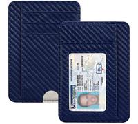 HOTCOOL Slim Wallet for Men, Minimalist Front Pocket Simple Leather Credit Card Holder RFID Blocking for Men & Women, Thin Organizer Gifts, Carbon Fiber - Navy Blue, A Fiber Navy Blue, Small Wallet