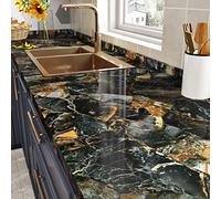 HotDecor Black Marble Wallpaper Sticky Back Plastic Roll Marble Effect Self Adhesive Vinyl Kitchen Wallpapers Kitchen Vinyl Wrap for Worktop Cupboards Black and Gold Wallpaper Table 60cm x 800cm