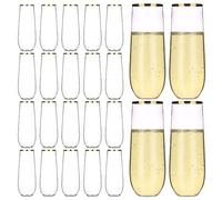 hotder Plastic Champagne Flutes 24 Packs with Gold Rimmed, 9oz/250ml Stemless Plastic Wine Glasses for Birthday, Wedding, Garden, BBQ Parties