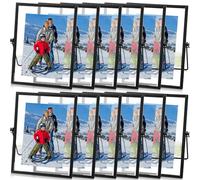 Hoteam 12 Pack 4 x 6 Inches Floating Frame Glass Photo Frame Collection Vintage Metal Minimal Ornate Easel for Pictures Photos Desk Tabletop Display(Black)