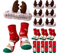 Hoteam 12 pieces Christmas Antlers Headband Fuzzy Socks Deer Ear Headbands Elk Headband with Christmas Holiday Socks for Christmas Party Gifts, Washing Face Sleepover Party Supplies