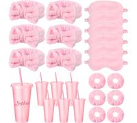 Hoteam 24 Pieces Sleepover Party Supplies for Women Slumber Party Supplies Include 6 Pink Spa Headband, 6 Velvet Scrunchies, 6 Eye Mask, 6 Pink Plastic Cups Tumbler for Spa Birthday Party