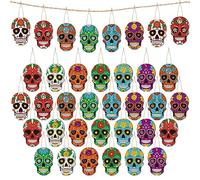 Hoteam 36 Pcs Day of The Dead Ghost Wooden Hanging Ornaments Halloween Skull Wood Pendent Decoration Mexican Fiesta Dia De Los Muertos Sugar Skeleton Head Tags for Holiday Christmas Tree Party Favor