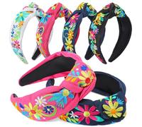 Hoteam 4 Pcs Mexican Headband Embroidery Handmade Headband Flower Stripe Knotted Wide Headband for Girls Women Party Gifts Outfit Cinco de Mayo, Day of the Dead, Mexican Independence Day (Flower)