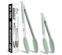 Hotec Premium Stainless Steel Locking Kitchen Tongs with Silicon Tips, Set of 2-9" and 12" Light Green