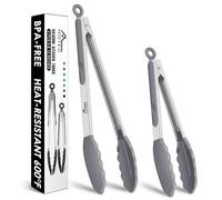 HOTEC Premium Stainless Steel Locking Kitchen Tongs with Silicon Tips, Set of 2-9" and 12" Light Grey
