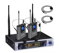 Hotec UHF 64 Channel Wireless Microphone System with LCD Display and Dual Headset Microphone Over PA, Mixer, Speaker, Karaoke Machine For Church, Training, Classroom, Interview, Business Presentations