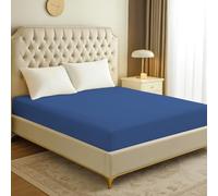 Hotel Quality Blue Satin Fitted Sheet 30cm Extra Deep Fit Double Bed Sheet Stripe Design Non-Iron Hypoallergenic (Double, Blue)