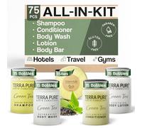 Hotel Size Toiletries Set | 1-Shoppe All-In-Kit Amenities For Hotels, Airbnb & Rentals | 1 oz Hotel Shampoo & Conditioner, Body Wash, Body Lotion & 1.25 oz Bar Soap | 75 Piece Terra Pure Travel Set