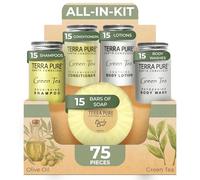 Hotel Size Toiletries Set | 1-Shoppe All-In-Kit Amenities For Hotels, Airbnb & Rentals | 1 oz Hotel Shampoo & Conditioner, Body Wash, Body Lotion & 1.25 oz Bar Soap | 75 Piece Terra Pure Travel Set