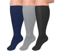 Hotfiary 3 Pairs Plus Size Compression Socks for Women Men Extra Wide Calf Knee-High Best Support Circulatio Nurses Running