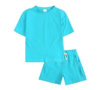 Hotfiary Boy Girl Summer Outfits T-Shirt Shorts Set, Bright Blue, 8-9Y