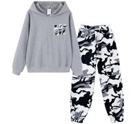 Hotfiary Boys 2 Piece Camo Tracksuit Set, Long Sleeve Hoodie Sweatshirt and Cargo Pants Clothes, Teen Hooded Pullover Top and Jogging Bottoms for Sports School Casual 6 7 8 9 10 11 12 13 Years
