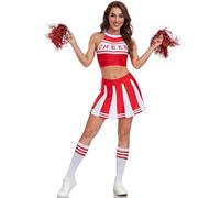 Hotfiary Cheerleader Costume Women, Cheeleader Outfit Musical Uniform with Matching Pom Poms and Socks, 2Pcs Women Cheerleading Crop Tops and Mini Skirts Set for Halloween Dress Up Cosplay