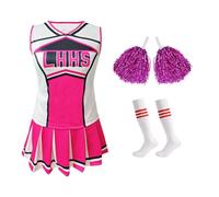 Hotfiary Girls Cheerleader Fancy Dress Outfit, Kids Cheer Uniform 4 Piece Set, Sleeveless Tank Top+Pleated Skirts+Tube Socks+Pom Pom, Cheerleading Set for Halloween Party Dress Up School Musical 4-12Y