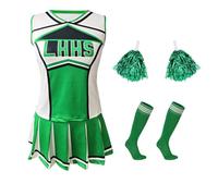 Hotfiary Girls Cheerleader Fancy Dress Outfit, Kids Cheer Uniform 4 Piece Set, Sleeveless Tank Top+Pleated Skirts+Tube Socks+Pom Pom, Cheerleading Set for Halloween Party Dress Up School Musical 4-12Y