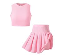 Hotfiary Girls Golf Tennis Dress Set Pink Sleeveless Crop Top High Waist Pleated Skirt 2 Piece Kids Activewear Sportswear for Age 8-12 Years