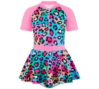 Hotfiary Girls Mermaid One Piece Swimsuits, Kids Short Sleeve Swim Dress with Zip Up Front, Youth Tween Girls Hawaiian Skirted Bathing Suit, Modest Summer Beach Swimwear 4 5 6 7 8 9 10 11 12 Years