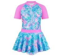 Hotfiary Girls Mermaid One Piece Swimsuits, Kids Short Sleeve Swim Dress with Zip Up Front, Youth Tween Girls Hawaiian Skirted Bathing Suit, Modest Summer Beach Swimwear 4 5 6 7 8 9 10 11 12 Years