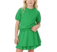 Hotfiary Girls Summer Clothes 2 Piece Outfits, Green, 11-12 Years, Cute Kids Ruffled Neck 1/4 Zip Short Sleeve Top and Shorts Set, Teen Girls Casual Fashion Clothing Sets for Travel, Outings & School