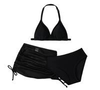 Hotfiary Girls Swimsuit 3 Piece Bikini Set for 6-14 Years, Backless Halter Bikini Top & High Waist Brief & Ruched Mesh Cover Up Skirt Swimwear Set, Kids Swimming Costume Summer Beach Pool Bathing Suit