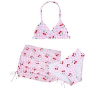 Hotfiary Girls Swimsuit 3 Piece Bikini Set for 6-14 Years, Backless Halter Bikini Top & High Waist Brief & Ruched Mesh Cover Up Skirt Swimwear Set, Kids Swimming Costume Summer Beach Pool Bathing Suit