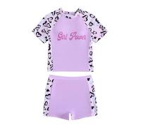 Hotfiary Girls Two Piece Short Sleeve Swimsuit, Kids UPF 50+ Swimming Costume, Tween Girl Heart Leopard Swim Shirt Top and Short Set, Summer Sun Protection Beach Pool Swimwear for 8 9 10 11 12 Years