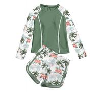 Hotfiary Girls Two Piece Swim Set, Kids Long Sleeve Rash Guard Shirt and Shorts Swimming Costume, Summer UPF 50+ Swimwear Beachwear, Sun Protection Bathing Suit for 8 9 10 11 12 13 14 Years