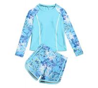 Hotfiary Girls Two Piece Swim Set, Kids Long Sleeve Rash Guard Shirt and Shorts Swimming Costume, Summer UPF 50+ Swimwear Beachwear, Sun Protection Bathing Suit for 8 9 10 11 12 13 14 Years