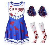 Hotfiary Kids Girls Zombie Cheerleader Costume, Halloween Cheeleader Outfit with Pompoms and Socks, Toddler Teen Dead Cheerleading Dress with Blood Print Fancy Party Uniform 3 4 5 6 7 8 9 10 11 12 Y
