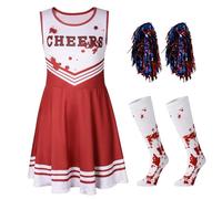 Hotfiary Kids Girls Zombie Cheerleader Costume, Halloween Cheeleader Outfit with Pompoms and Socks, Toddler Teen Dead Cheerleading Dress with Blood Print Fancy Party Uniform 3 4 5 6 7 8 9 10 11 12 Y