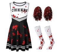 Hotfiary Kids Girls Zombie Cheerleader Halloween Costume, Size 3-12 Years | Include Blood Print Dress, Pompoms & Socks, Scary Dead Cheerleading Outfit, Perfect for Fancy Party Dress Up Cosplay