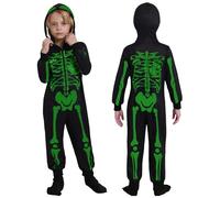 Hotfiary Kids Halloween Skeleton Costume - Zip Hooded Jumpsuit Full Vibrant Print Onesie for Boys Girls, Comfy Stretchy PJs Loungewear Skull Hoodie Fancy Dress Outfits Unisex Children 3-12 Years