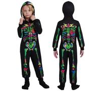 Hotfiary Kids Skeleton Jumpsuit Halloween Costume 3-12 Years | Vibrant Scary Bones Print & Zip Up Hooded Bodysuit, Fancy Dress Outfit for Boys & Girls, Perfect for Trick or Treat, Cosplay