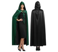 Hotfiary Reversible Black & Green Cape for Adult, Double Sided Velvet & Satin Hooded Cloak, Halloween Witch Vampire Costume Christmas Fancy Dress Role Play (105/130/150/158cm)