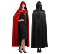 Hotfiary Reversible Black & Red Cape for Adult, Double Sided Velvet & Satin Hooded Cloak, Halloween Witch Vampire Costume Christmas Fancy Dress Role Play (105/130/150/158cm)