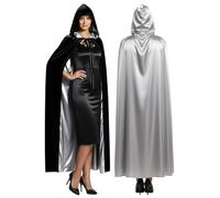 Hotfiary Reversible Black & Silver Cape for Adult Kids, Double Sided Velvet & Satin Hooded Cloak, Halloween Witch Vampire Costume Christmas Fancy Dress Role Play (105/130/150/158cm)