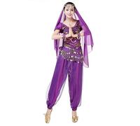 Hotfiary Women Belly Dance Costume 5 Piece, Sequin Crop Top + Chiffon Lantern Harem Pants + Head Veil + Hip Scarf + Bracelets Set, Ladies Carnival Dancer Outfit Bollywood Indians Arabian Performance