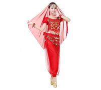 Hotfiary Women Belly Dance Costume 5 Piece, Sequin Crop Top + Chiffon Lantern Harem Pants + Head Veil + Hip Scarf + Bracelets Set, Ladies Carnival Dancer Outfit Bollywood Indians Arabian Performance