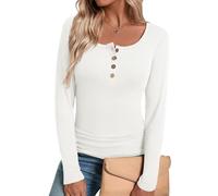 HOTGIFT Women's 2025 T-Shirt Long Sleeve Henley Winter Ribbed Knit Button Slim Fit Casual Basic Tops, White, M