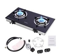 Hothit Portable 2 Burner Propane Stove Gas Cooktop, 28600 BTU Tempered Glass Auto Ignition for Outdoor Kitchen, Camping, RV, Small Apartment Double Burner / Tempered Glass-Black